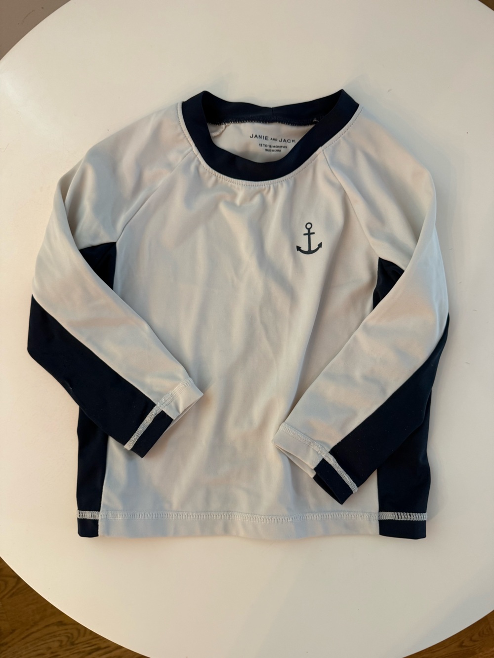 Navy & White Anchor Rash Guard Swim Top